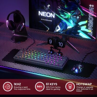 מקלדת גיימינג מכאנית חוטית מוקטנת 60% חברת HK GAMING דגם GK61 - בצבע שחור