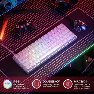 מקלדת גיימינג מכאנית חוטית מוקטנת 60% חברת HK GAMING דגם GK61 - בצבע לבן