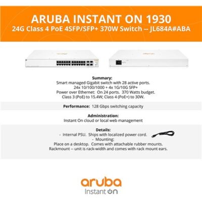 SWITCH 24-PORT IOn 1930 24G 4SFP+ PoE+ 370W Aruba