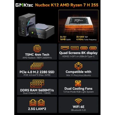 מחשב מיני GMKtec K12 Plus AMD R7 H255 32GB DDR5 1TB WIN11PR