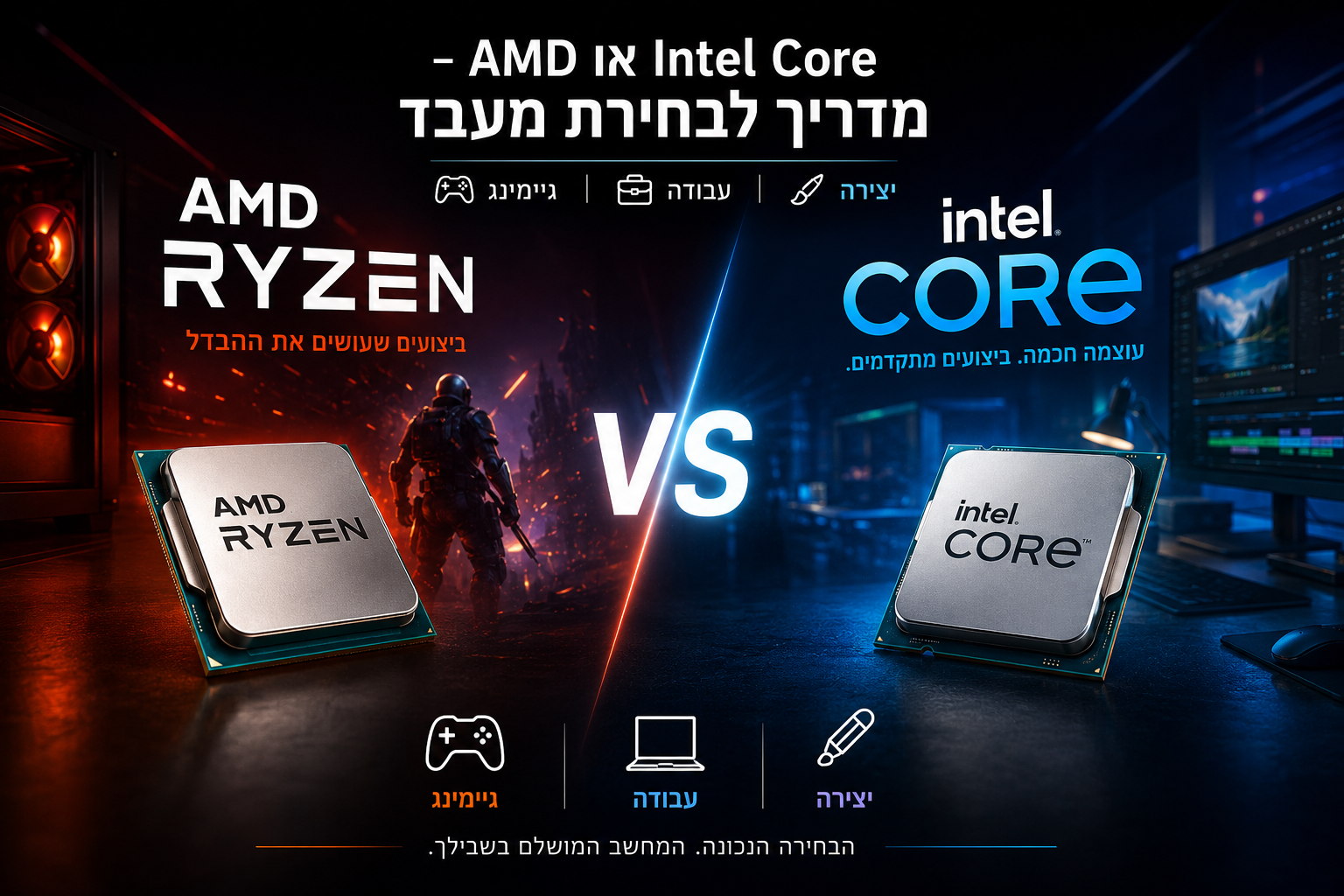 השוואת AMD Ryzen מול Intel Core לבחירת מעבד לגיימינג עבודה ויצירה