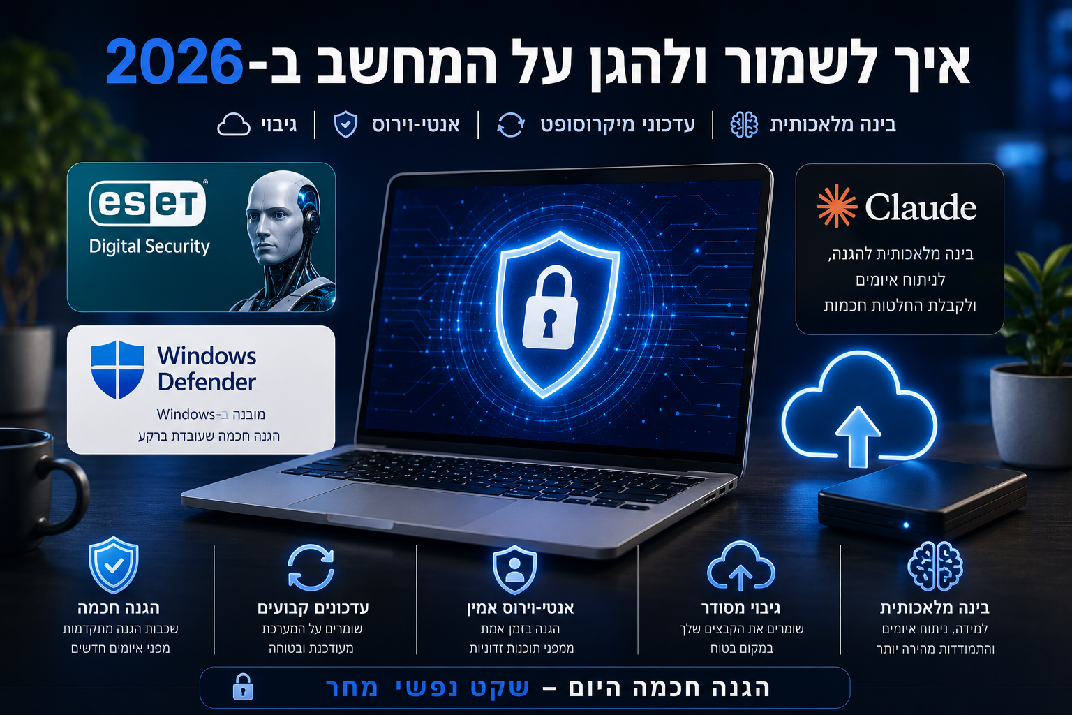 איך לשמור ולהגן על המחשב ב-2026 עם אנטי וירוס גיבוי עדכוני מיקרוסופט ובינה מלאכותית