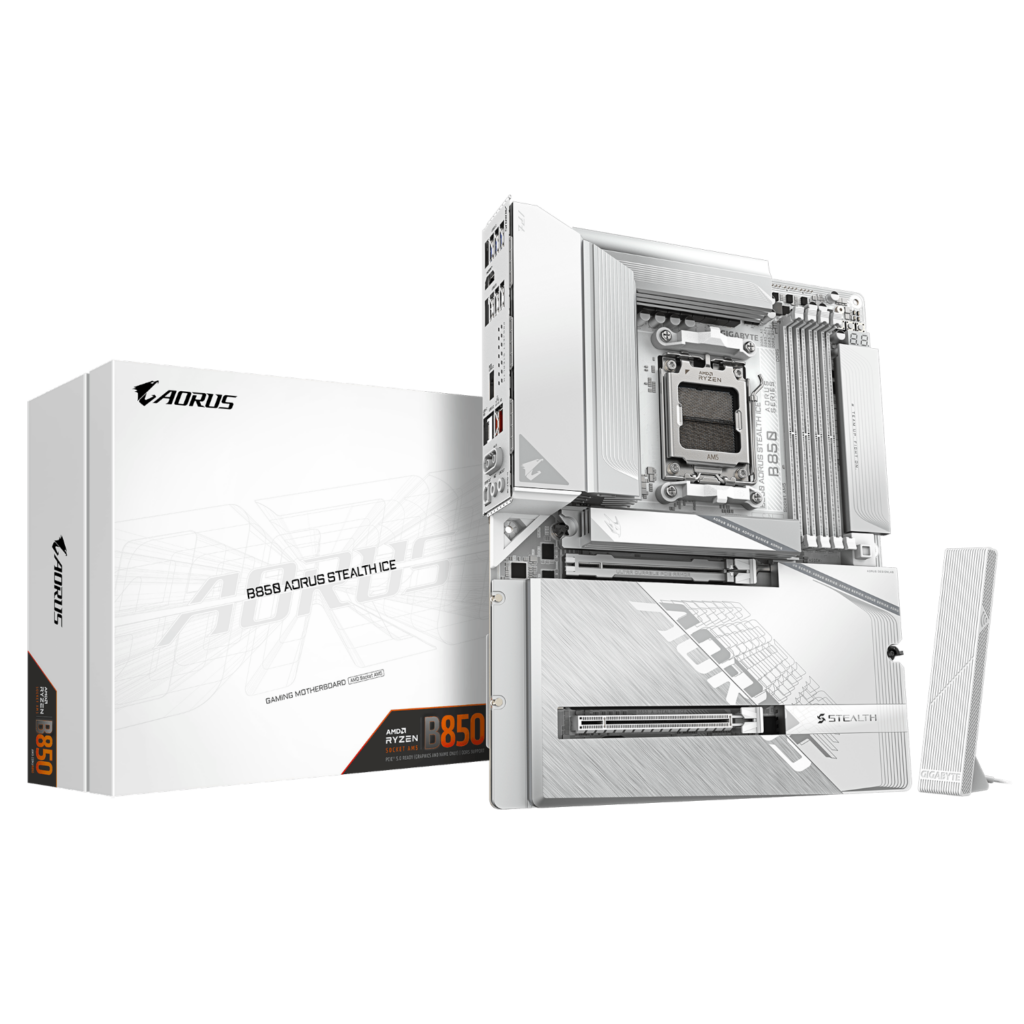 לוח לבן עם מחברי חשמל מאחור Gigabyte B850 A STEALTH AM5 DDR5 WIFI – תמונת מוצר ראשית