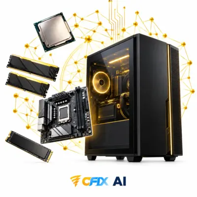 CFIX AI START – מחשב וחלקי מעבד, זיכרון, לוח אם ו־SSD עם רשת AI זהובה ולוגו CFIX AI על רקע לבן; תמונת המחשה
